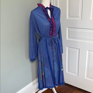 Vintage 1980s Hal Ferman Elegant Blue Pink Floral Seashell Dress Size Large